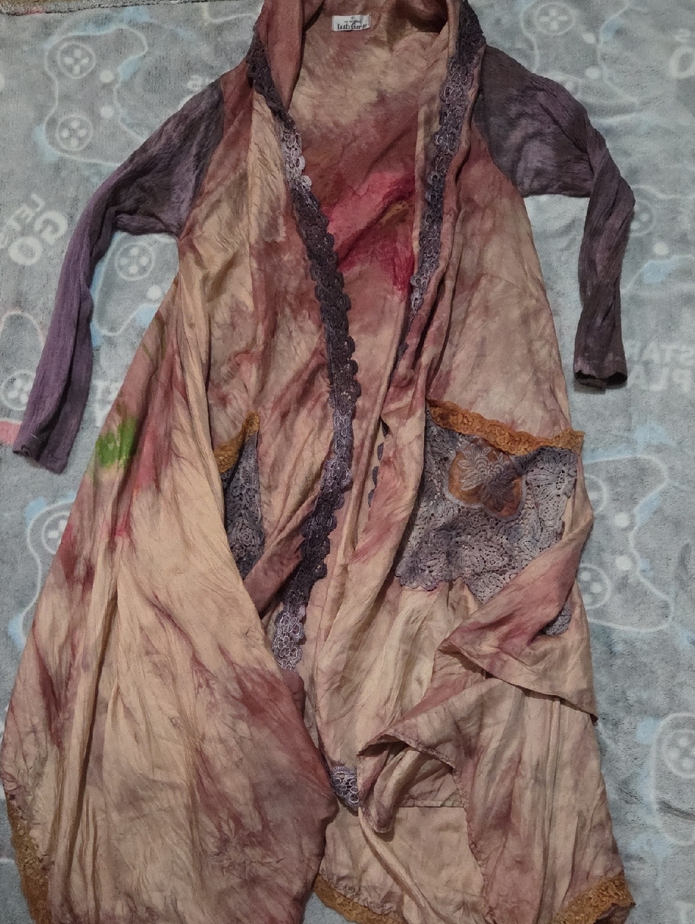 Lace-Trim Long Open Cardigan in Mauve and Peach